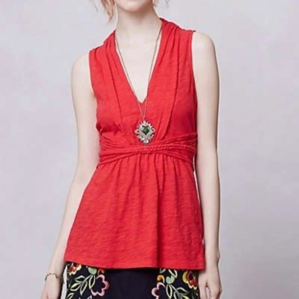 Anthropologie Deletta White Braided V-Neck Tee XS - Picture 4 of 5